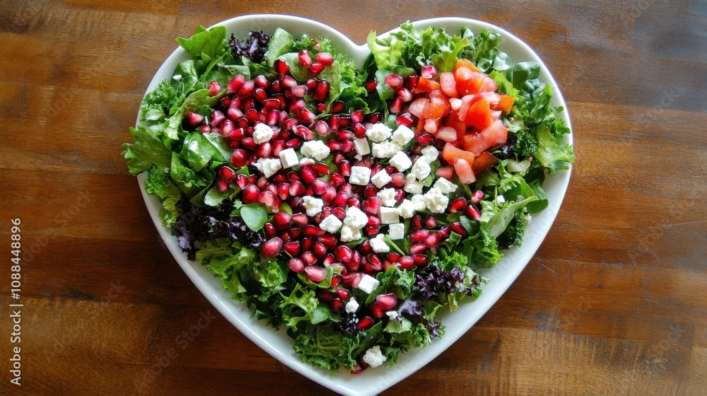 Heart-shaped plate of vibrant salad with mixed greens, picture Heart-shaped plate of vibrant salad with mixed greens, picture
