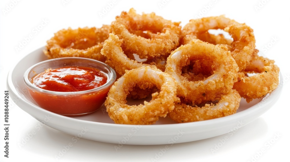 A plate of crispy calamari rings served with marinara dipping sauce, Each ring golden and tender, Set against an isolated white background to highlight its seafood delicacy A plate of crispy calamari rings served with marinara dipping sauce, Each ring golden and tender, Set against an isolated white background to highlight its seafood delicacy