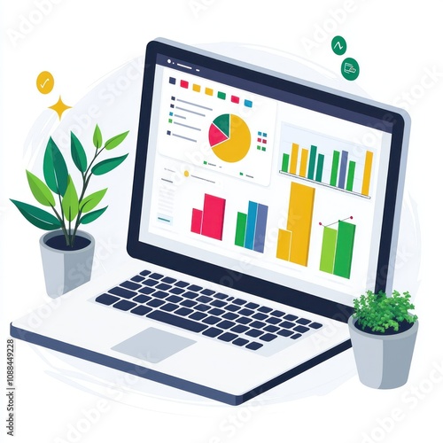 Digital Marketing PPC Campaign Management Dashboard on Laptop Screen in Flat Style Illustration