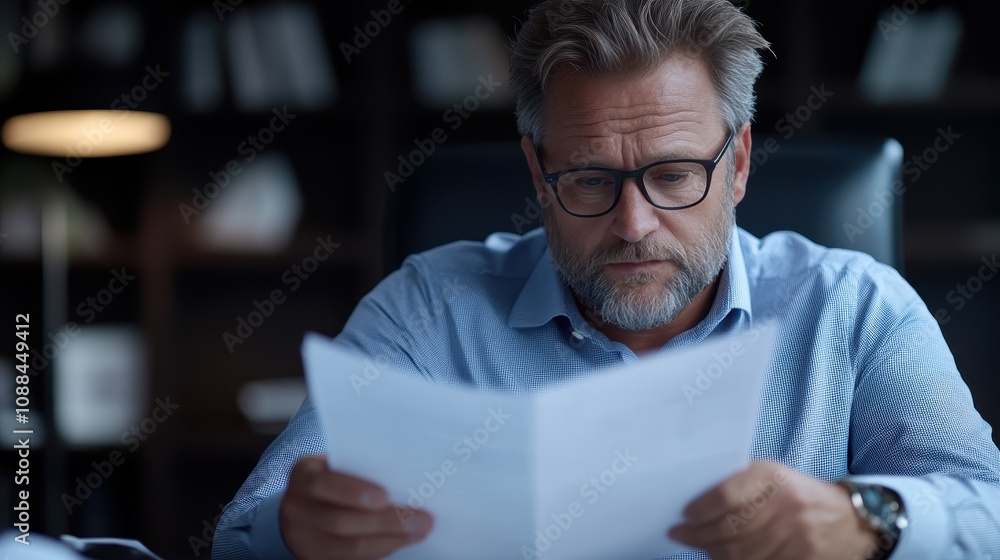 Business Executive Analyzing Financial Reports with Intent Focus in Professional Office Setting, Reflecting Hawkish Market Strategies and Sharp Analytical Insights Business Executive Analyzing Financial Reports with Intent Focus in Professional Office Setting, Reflecting Hawkish Market Strategies and Sharp Analytical Insights