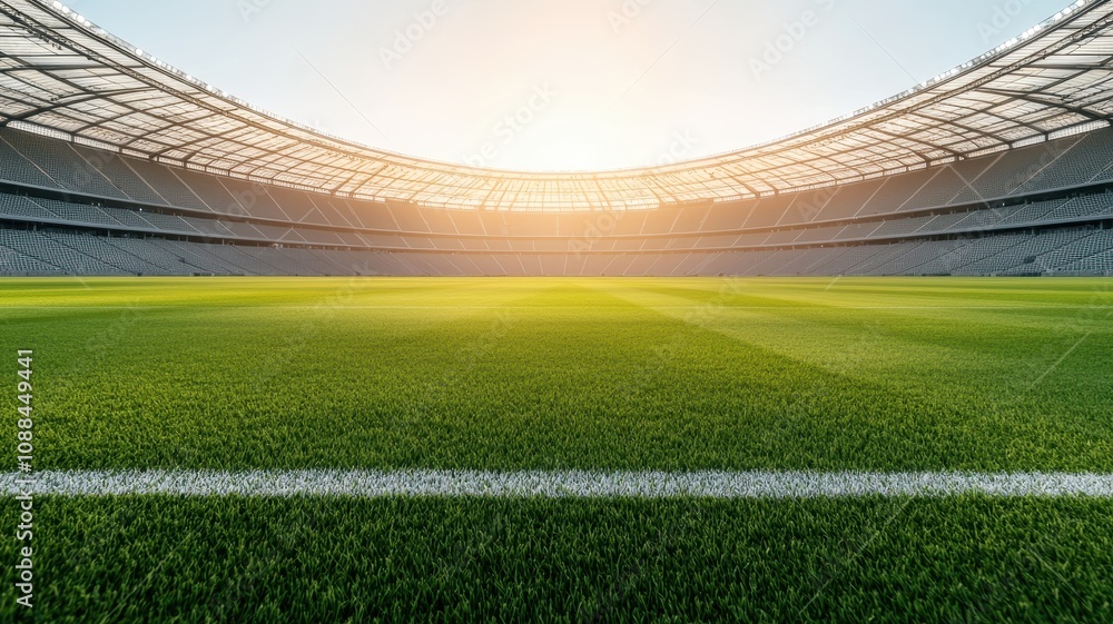 Fototapeta premium A spacious sports stadium with lush green grass, illuminated by a golden sunset, creating a vibrant atmosphere for events.