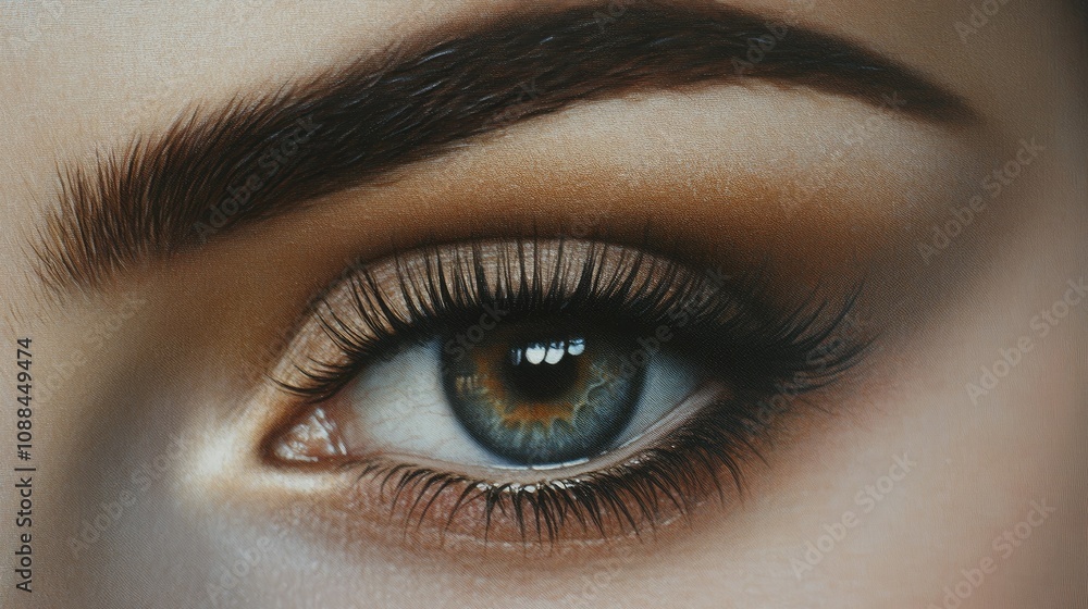 Obraz premium Close-Up of Beautiful Woman's Eye with Stunning Detail, Featuring Vibrant Colors, Luscious Lashes, and Defined Eyebrow, Perfect for Beauty and Makeup Themes in Photography