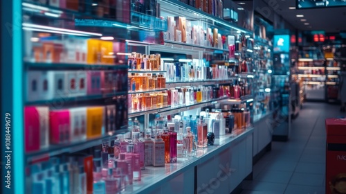 A vibrant display of colorful beauty products fills the retail space. Shelves are lined with bottles and boxes. This image captures the essence of consumerism. Generative AI