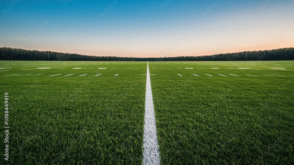 Obraz premium A wide view of a lush green sports field with a white center line, stretching into the distance beneath a clear sky at dusk.