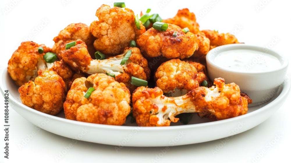 A plate of crispy cauliflower wings tossed in buffalo sauce and served with a side of ranch dressing, Each wing golden and bursting with spicy flavor A plate of crispy cauliflower wings tossed in buffalo sauce and served with a side of ranch dressing, Each wing golden and bursting with spicy flavor