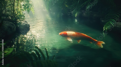 Tranquil Scene of Koi Fish Swimming in a Lush Green Oasis with Sunlight Filtering Through Dense Foliage Creating a Serene Atmosphere for Nature Lovers