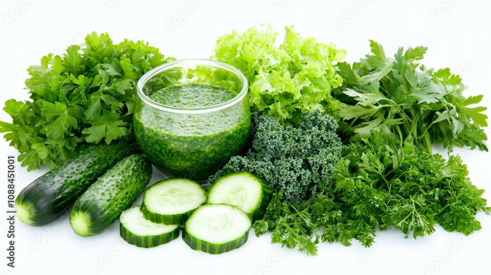 Fresh and Vibrant Green Vegetables Arranged Artfully with a Glass Jar of Green Smoothie Surrounded by Cucumbers, Leafy Greens and Fresh Herbs Fresh and Vibrant Green Vegetables Arranged Artfully with a Glass Jar of Green Smoothie Surrounded by Cucumbers, Leafy Greens and Fresh Herbs