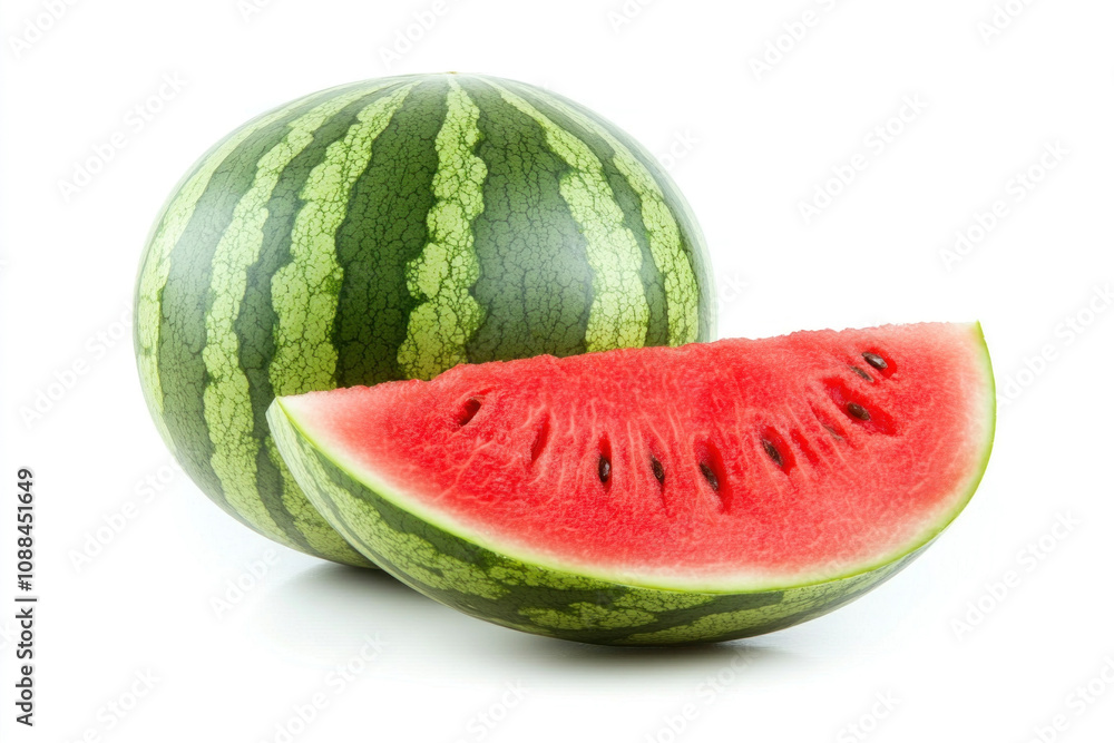 Sliced watermelon pieces on a wooden table with a summer beach background. Sliced watermelon pieces on a wooden table with a summer beach background.