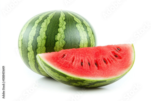 Sliced watermelon pieces on a wooden table with a summer beach background.