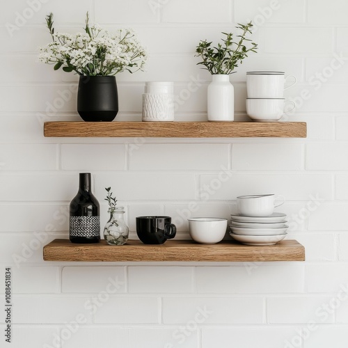 Wallpaper Mural woodwork cabinetry. A minimalist display of decorative shelves showcasing white and black ceramics alongside fresh flowers, enhancing a modern aesthetic. Torontodigital.ca