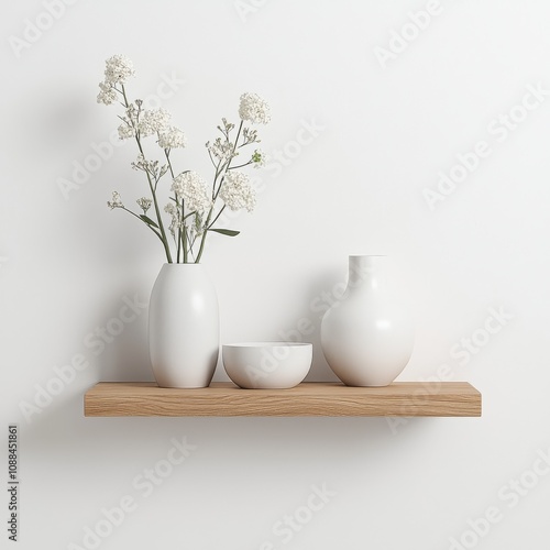 woodwork cabinetry. A minimalist shelf displays white vases and a bowl, adorned with delicate flowers, creating a serene and elegant decor.