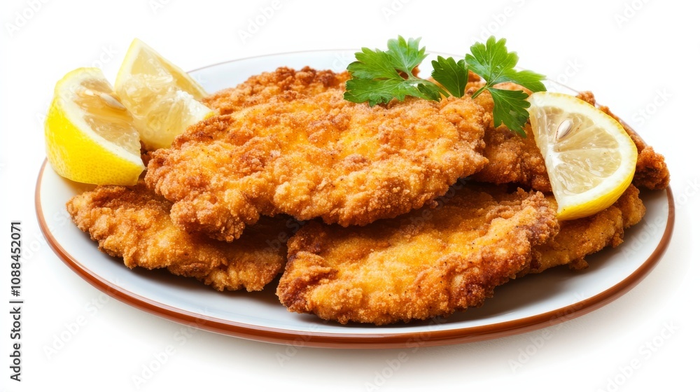 A plate of crispy chicken schnitzel served with lemon wedges, Each schnitzel breaded and fried to golden perfection A plate of crispy chicken schnitzel served with lemon wedges, Each schnitzel breaded and fried to golden perfection