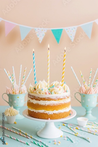 Birthday cake for a children's party with candles and a garland in pastel colors, copy space, 3D rendering.