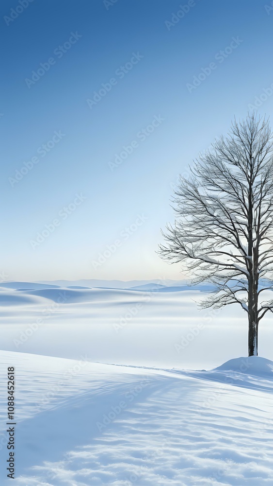 Panoramic view of a vast snowy landscape under a clear blue sky offering a tranquil and picturesque winter scene Panoramic view of a vast snowy landscape under a clear blue sky offering a tranquil and picturesque winter scene