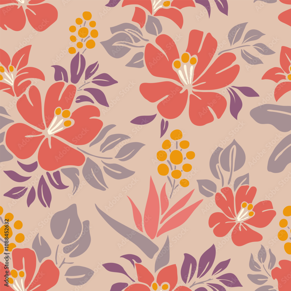 Seamless Floral Pattern with Red Flowers and Purple Leaves Seamless Floral Pattern with Red Flowers and Purple Leaves