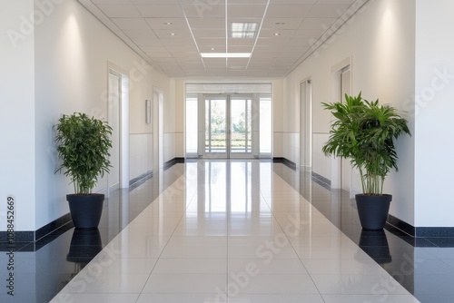 Bright and Minimalist Hallway with White Walls and Dark Flooring Featuring Decorative Green Plants on Each Side, Inviting and Spacious Atmosphere