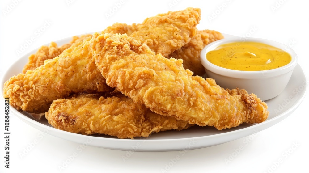 A plate of crispy chicken tenders with a side of honey mustard dipping sauce, Each tender’s golden-brown crust and juicy interior captured with precision