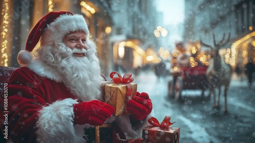 Santa Claus with reindeer and gift boxes against the backdrop of a festive street with Christmas decorations. 3D illustration.