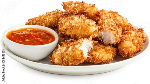 A plate of crispy coconut chicken tenders served with sweet chili dipping sauce, Each tender coated in crunchy coconut flakes and fried to golden perfection
