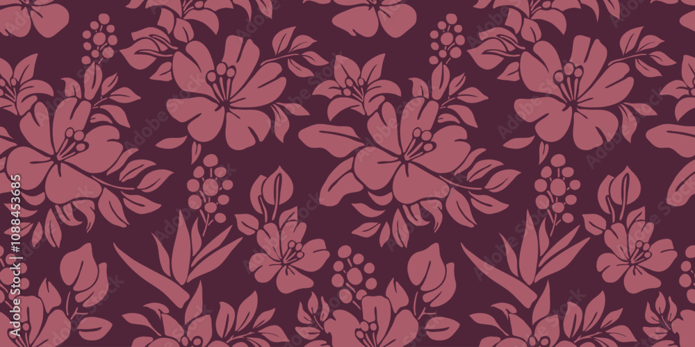 Seamless Floral Pattern with Pink Hibiscus on Maroon Background Seamless Floral Pattern with Pink Hibiscus on Maroon Background