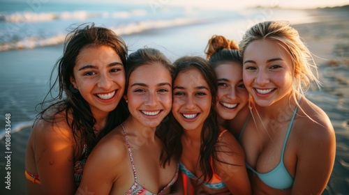 A group of friends smiles at the camera on the beach. AI.