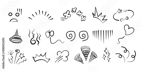 Manga or anime comic emoticon element graphic effects hand drawn doodle vector illustration set isolated on white background. Line style manga doodle line expression scribble anime mark collection.