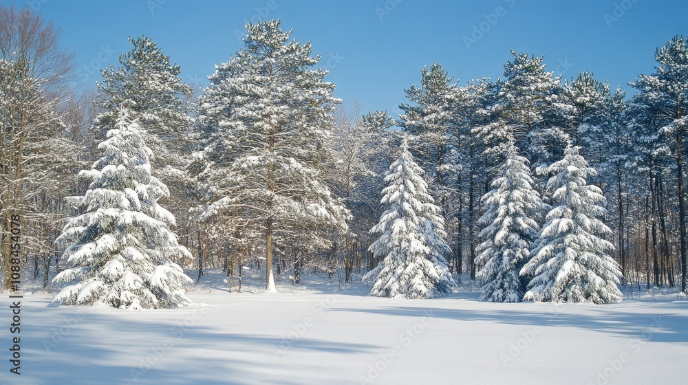 Winter Wonderland Landscape with Snow-Covered Trees and Clear Blue Sky in Tranquil Rural Environment, Perfect for Seasonal and Nature-Themed Projects Winter Wonderland Landscape with Snow-Covered Trees and Clear Blue Sky in Tranquil Rural Environment, Perfect for Seasonal and Nature-Themed Projects