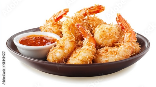 A plate of crispy coconut shrimp with a golden coconut crust and a side of sweet chili dipping sauce, Each shrimp’s crunchy coating and juicy interior captured with precision