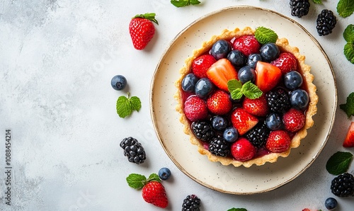 Various berries tart on a plate on light rustic background