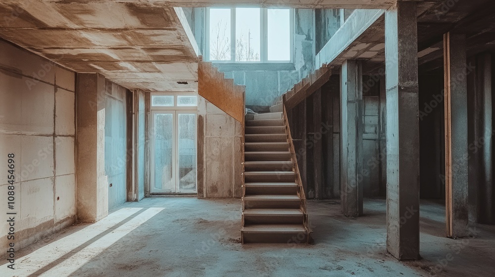 Empty Industrial Space with Wooden Staircase and Large Windows, Showcasing Natural Light and Raw Concrete Walls, Ideal for Interior Design Inspiration and Renovation Projects Empty Industrial Space with Wooden Staircase and Large Windows, Showcasing Natural Light and Raw Concrete Walls, Ideal for Interior Design Inspiration and Renovation Projects
