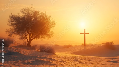 Christian cross blended with a sunlit desert landscape, the silhouette of a lone tree casting a shadow over the cross, golden hues of the setting sun illuminating the sand, photo