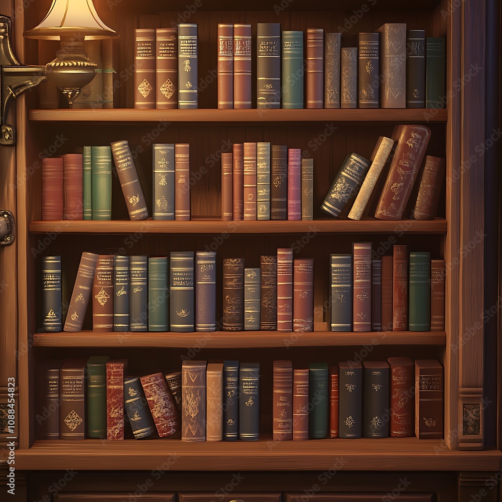 Bookshelf display of antique literature in a cozy library setting detailed wooden environment captured from eye-level perspective Bookshelf display of antique literature in a cozy library setting detailed wooden environment captured from eye-level perspective