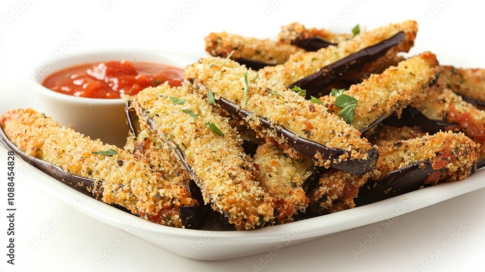 A plate of crispy eggplant fries with a golden panko crust and a side of marinara dipping sauce, Each fry’s tender interior and crispy exterior captured with precision A plate of crispy eggplant fries with a golden panko crust and a side of marinara dipping sauce, Each fry’s tender interior and crispy exterior captured with precision