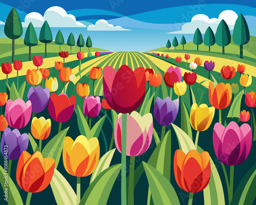 Picture of a tulip field filled with colorful tulips vector file