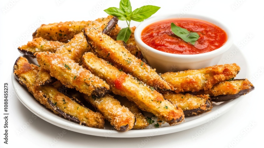 A plate of crispy eggplant Parmesan fries served with marinara dipping sauce, Each fry golden and crispy on the outside, tender and flavorful on the inside A plate of crispy eggplant Parmesan fries served with marinara dipping sauce, Each fry golden and crispy on the outside, tender and flavorful on the inside