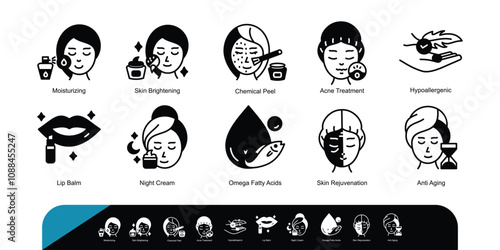 Moisturizing, Skin Brightening, Chemical Peeling, Sun Protection, Wrinkle Reduction, Skin Toning, Laser Treatment, Anti-Aging, Skin Rejuvenation, Glowing Skin Vector Icons Set