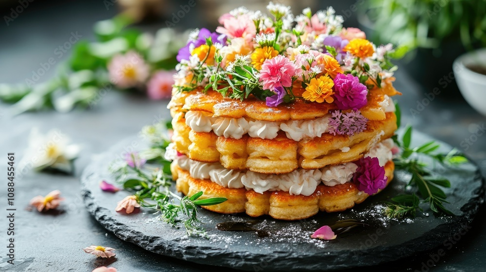 Delicious Layered Cake with Cream and Colorful Edible Flowers Displayed on a Black Slate Serving Board Surrounded by Fresh Greenery and Seasonal Blooms Delicious Layered Cake with Cream and Colorful Edible Flowers Displayed on a Black Slate Serving Board Surrounded by Fresh Greenery and Seasonal Blooms