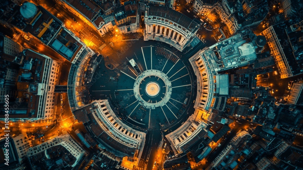 Obraz premium A stunning aerial view of a circular city layout captured at night. The streets radiate outwards like a beautiful flower. The lights illuminate the cityscape. Generative AI