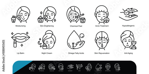 Moisturizing, Skin Brightening, Chemical Peeling, Sun Protection, Wrinkle Reduction, Skin Toning, Laser Treatment, Anti-Aging, Skin Rejuvenation, Glowing Skin Vector Icons Set