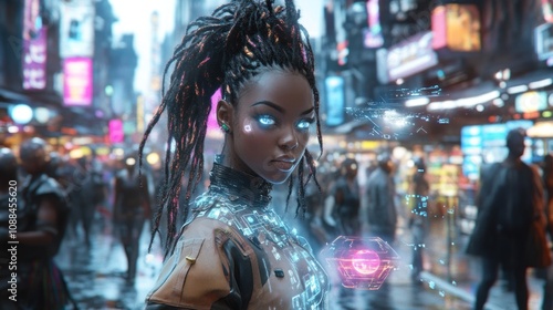 Cyberpunk Afican American Woman in Neon City