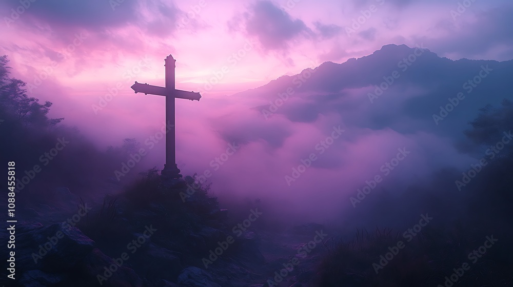 Christian cross fused with a foggy mountain landscape at twilight, the mist creating a soft blur around the silhouette, gentle purple and blue hues of the sky blending with the fog, Christian cross fused with a foggy mountain landscape at twilight, the mist creating a soft blur around the silhouette, gentle purple and blue hues of the sky blending with the fog,