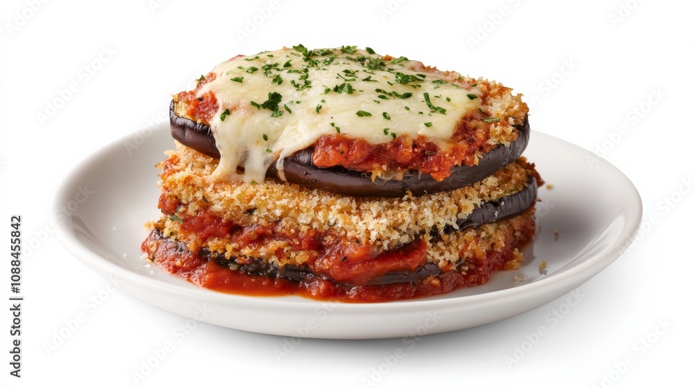 A plate of crispy eggplant parmesan with layers of breaded eggplant, marinara sauce, and melted mozzarella cheese A plate of crispy eggplant parmesan with layers of breaded eggplant, marinara sauce, and melted mozzarella cheese