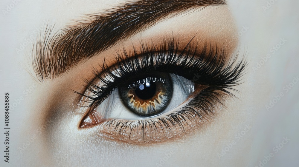 Obraz premium Close-Up View of a Beautiful Human Eye Revealing Intricate Details of the Iris, Eyelashes, and Skin Composition for Artistic and Cosmetic Applications