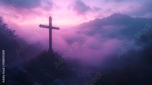 Christian cross fused with a foggy mountain landscape at twilight, the mist creating a soft blur around the silhouette, gentle purple and blue hues of the sky blending with the fog,