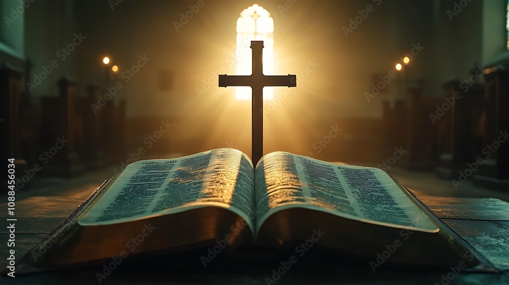 Christian cross fused with an open Bible, the delicate pages turning in a soft breeze, sunlight streaming through the cross silhouette, illuminating the words, serene and spiritual scene, Christian cross fused with an open Bible, the delicate pages turning in a soft breeze, sunlight streaming through the cross silhouette, illuminating the words, serene and spiritual scene,