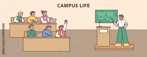College students are taking a class in a classroom. The professor is teaching the students. outline simple vector illustration.