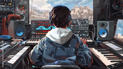 Students composing music on a digital workstation using MIDI controllers and software