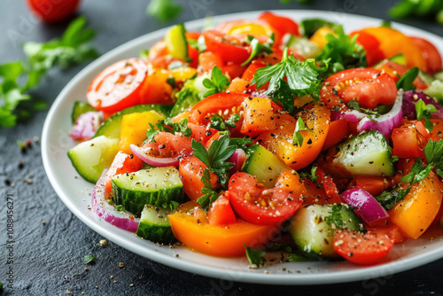 Plate of tomato salad with cucumbers and herbs arranged beautifully, showcasing vibrant colors and freshness. Perfect balance of flavors in a refreshing dish.