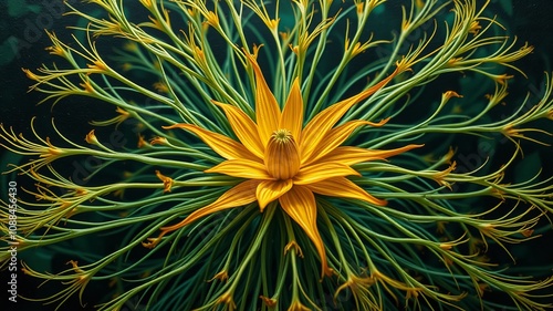 A vibrant, orange-yellow flower bursts forth from the spiny, emerald-green stem of a mature cactus, surrounded by photo