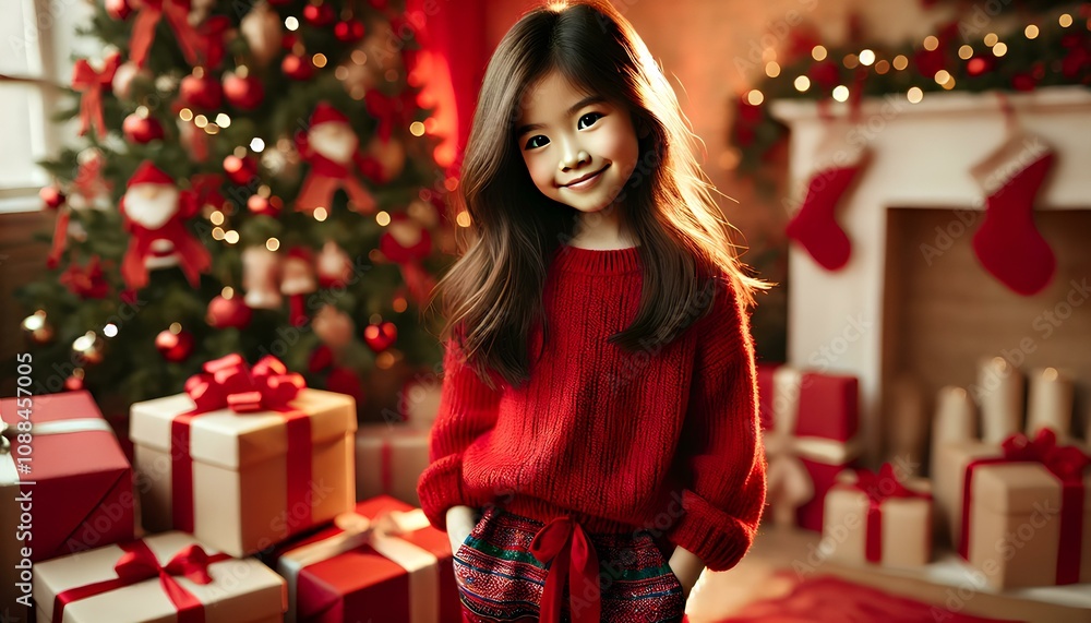 Asian kindergarten-aged girl with shoulder-length hair, smiling softly, wearing a red sweater and standing in a festive Christmas setting Asian kindergarten-aged girl with shoulder-length hair, smiling softly, wearing a red sweater and standing in a festive Christmas setting